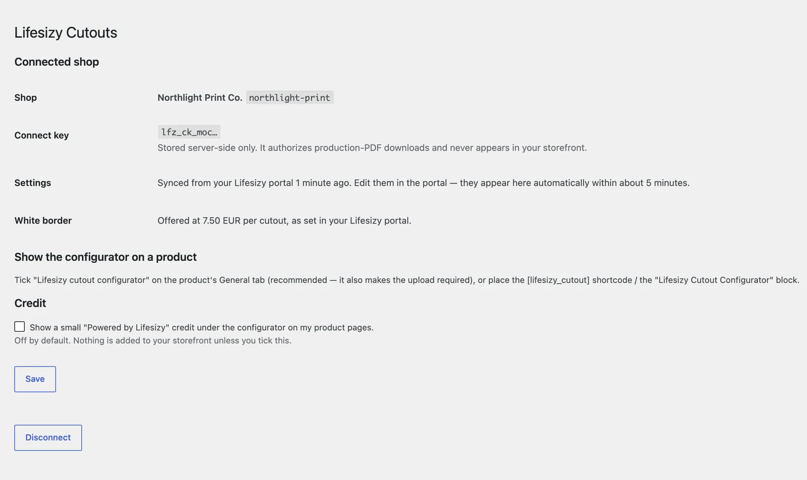The WooCommerce → Lifesizy screen in WordPress admin, showing a connected demo shop, the stored connect key, when settings last synced from the portal, and the white-border option price.